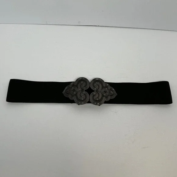 Vintage Style Black Elastic Cinch Belt Gunmetal Filigree Scroll Buckle Wide - Picture 2 of 4